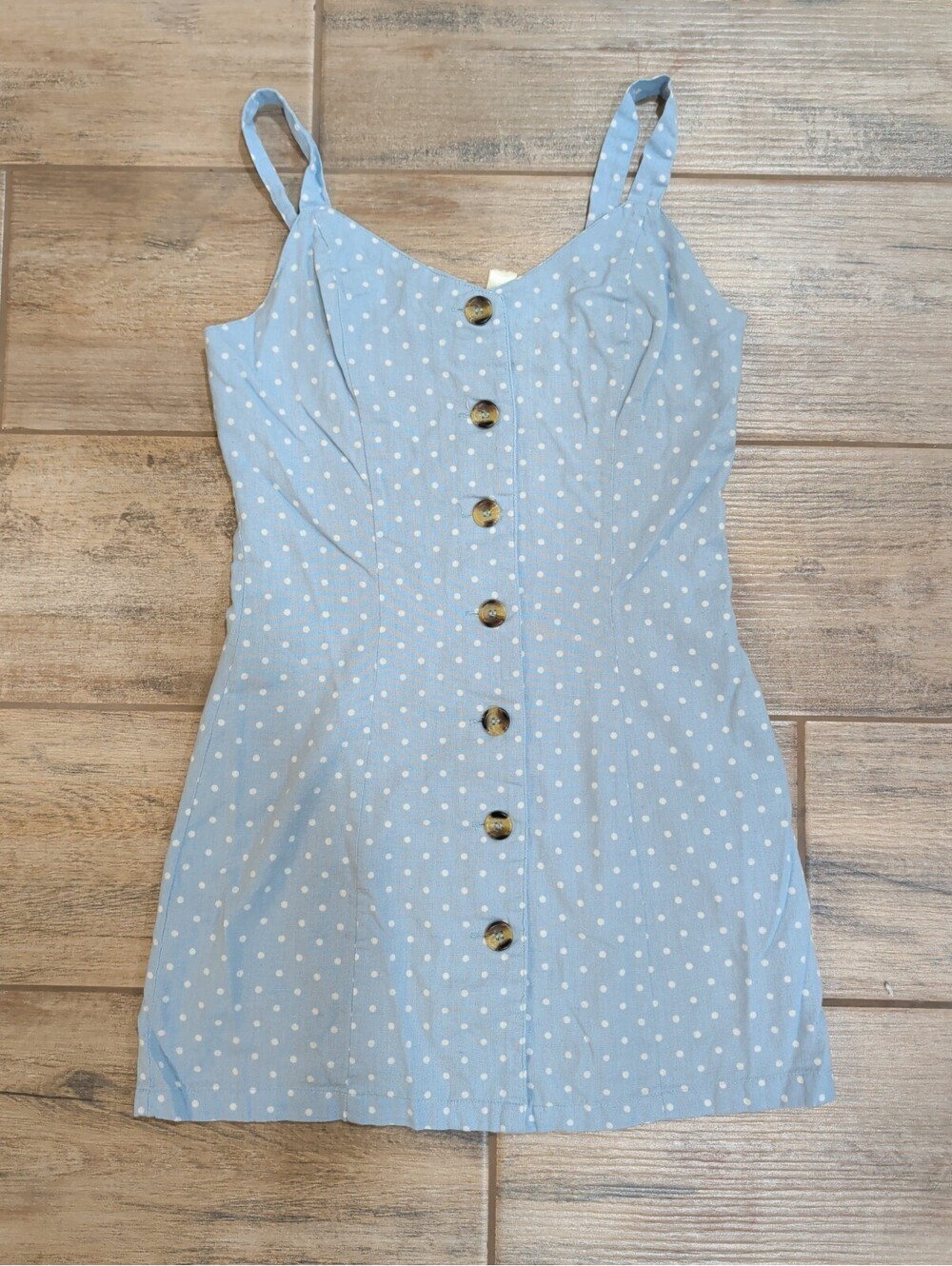 Japna Cotton Linen Dress Small S Blue Polka Dot Button Front Cami Sundress - Picture 3 of 15